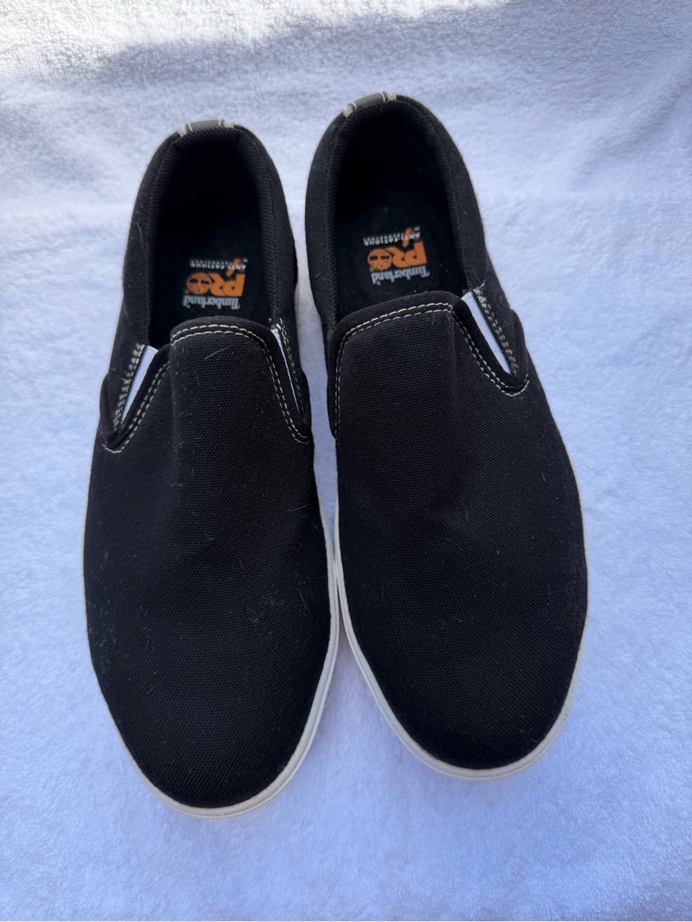 Timberland Black Slip-On Canvas Loafers with White Sole composite safety toe 7.5